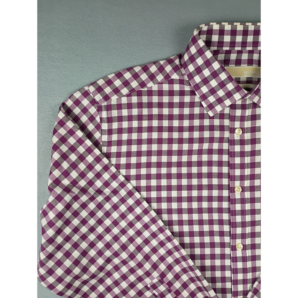 Michael Kors Mens Slim Fit Gingham Button Down Shirt Purple White Large 16-16.5